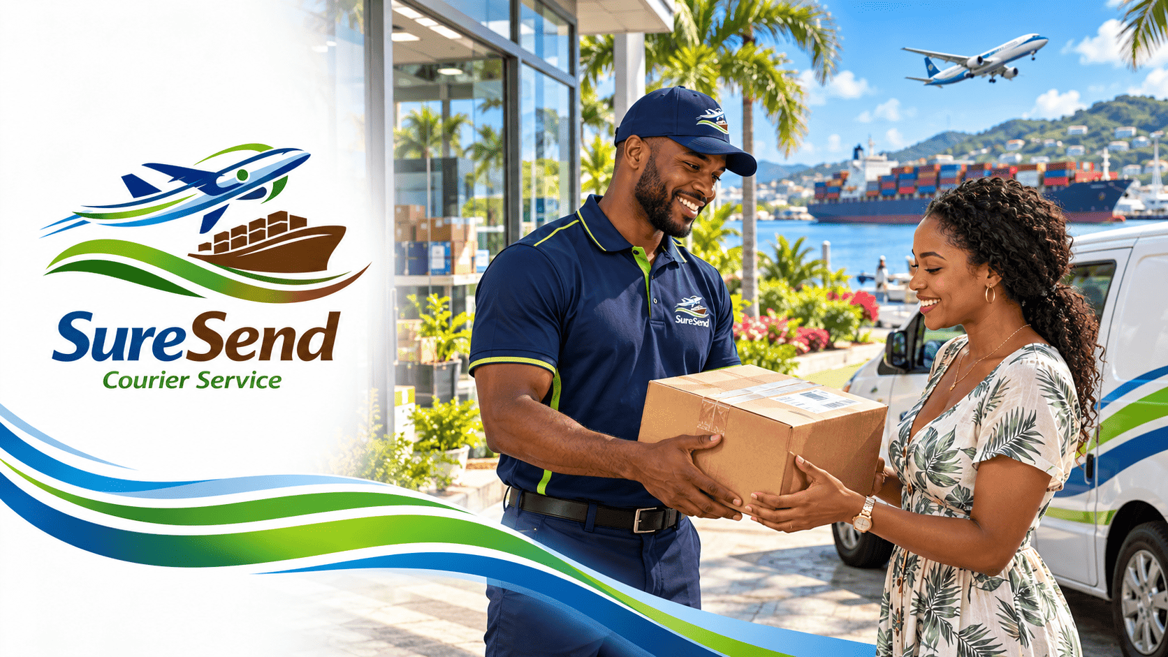 SureSend courier handing a package to a customer